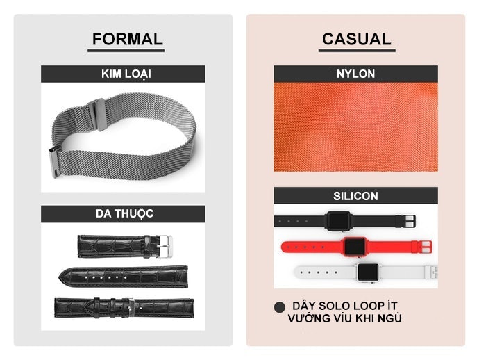 H4: Chất Liệu Dây Đeo: Dây Nylon Và Silicon Gọn Nhẹ Đa Màu; Dây Da Và Kim Loại Formal Hơn