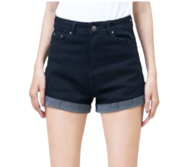 Quần Short Jean Nữ Đen Lưng Cao Lật Line 1