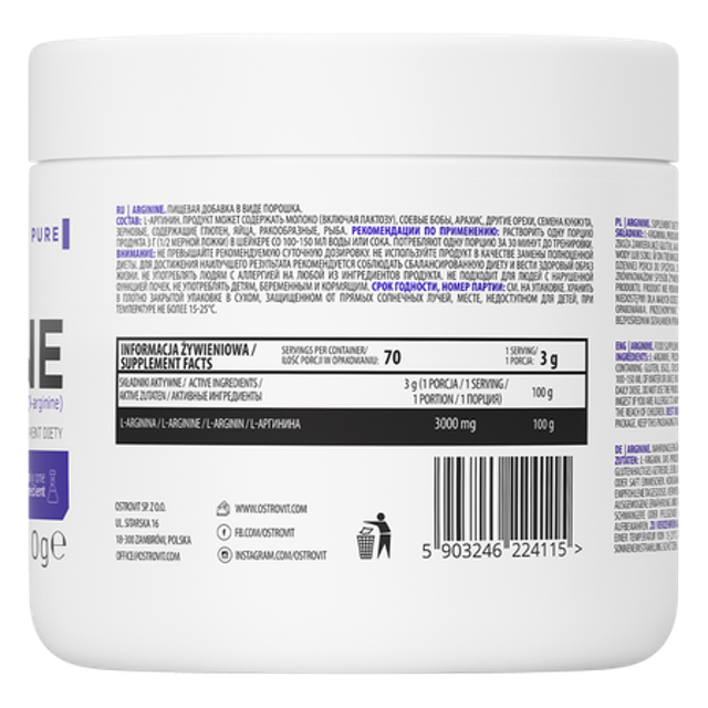 Thực Phẩm Bổ Sung Tăng Sức Mạnh và Phục Hồi Cơ Ostrovit Arginine 210g 2