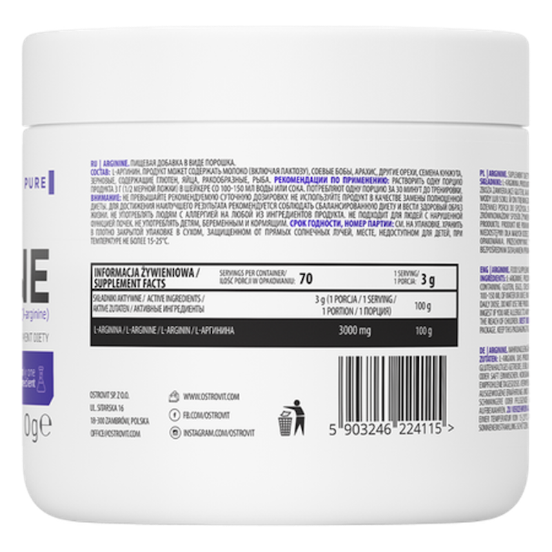 Thực Phẩm Bổ Sung Tăng Sức Mạnh và Phục Hồi Cơ Ostrovit Arginine 210g 2