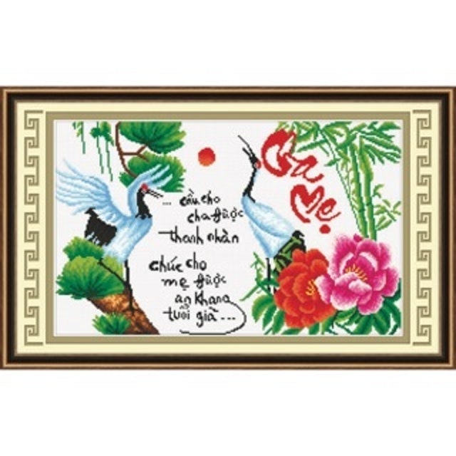 Tranh Thêu Chữ Thập Cha Mẹ Hạc&Hoa Mẫu Đơn 1