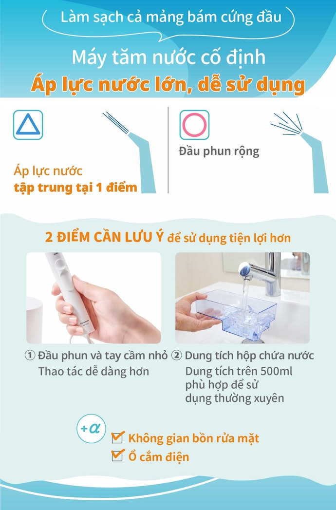 Loại Cố Định: Công Suất Lớn, Dễ Dàng Đánh Bật Cặn Bẩn. Phù Hợp Để Dùng Tại Nhà